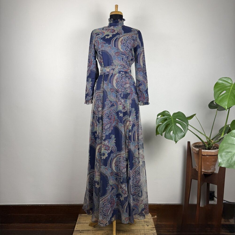 Vintage 70s Paisley Chiffon Maxi Boho Dress | High Neck Ruffle Collar